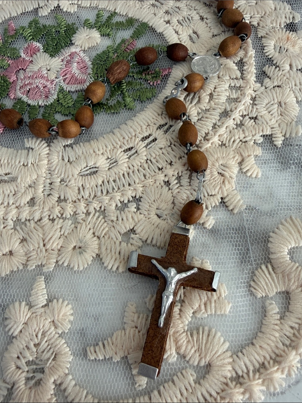 Vintage Brown Wood Bead Rosary Necklace with Silver Crucifix 28”